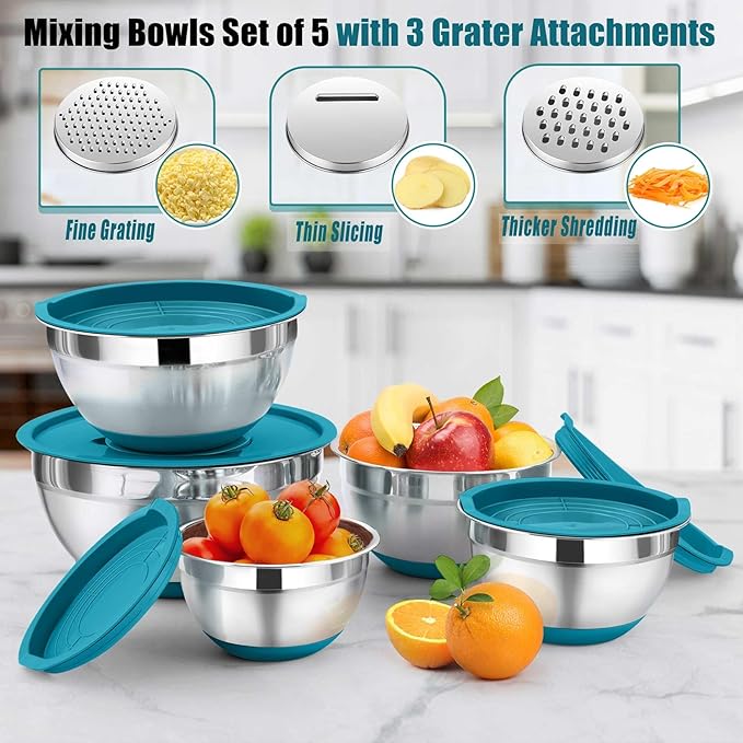 P&P CHEF Mixing Bowl with Lid Set, 5 Piece Stainless Steel Mixing Nesting Bowls for Salad Storage, 3 Grater Attachments & Non-Slip Bottoms, Size 1/1.5/2 / 2.6/4.6 QT, Blue