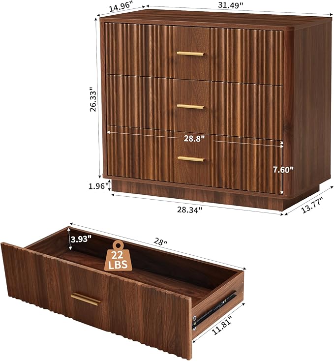 Fluted Dresser for Bedroom with 3 Drawers,31.5"Wide Modern Chest of Drawers with Metal Handle,Large Storage Dresser, Wood Closet Clothes Storage Organizer for Nursery Living Room Hallway,Walnut 2 Sets