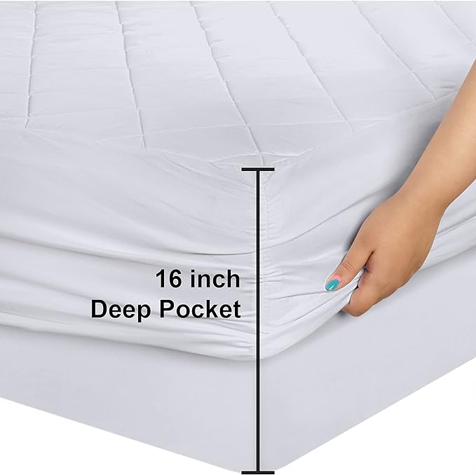 Utopia Bedding Quilted Fitted Mattress Pad, Queen Size, Elastic Fitted Mattress Topper Protector and Cover Stretches up to 16 Inches Deep, Machine Washable (White)