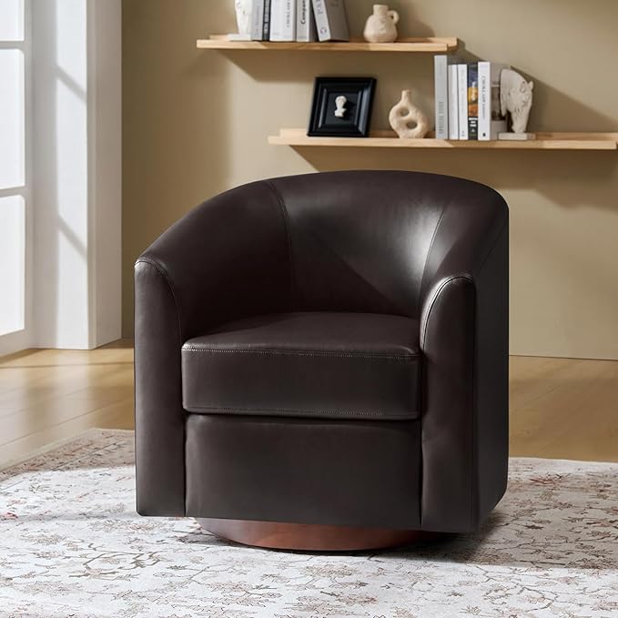 HULALA HOME Faux Leather Swivel Accent Chair with Solid Wood Base, Round Swivel Barrel Chair for Living Room and Bedroom, Brown