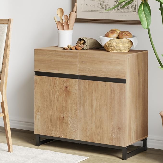 Wampat Modern TV Stand for 40 inch TVs, Entertainment Center Console with Adjustable Shelves and Metal Base for Living Room, Bedroom, Oak