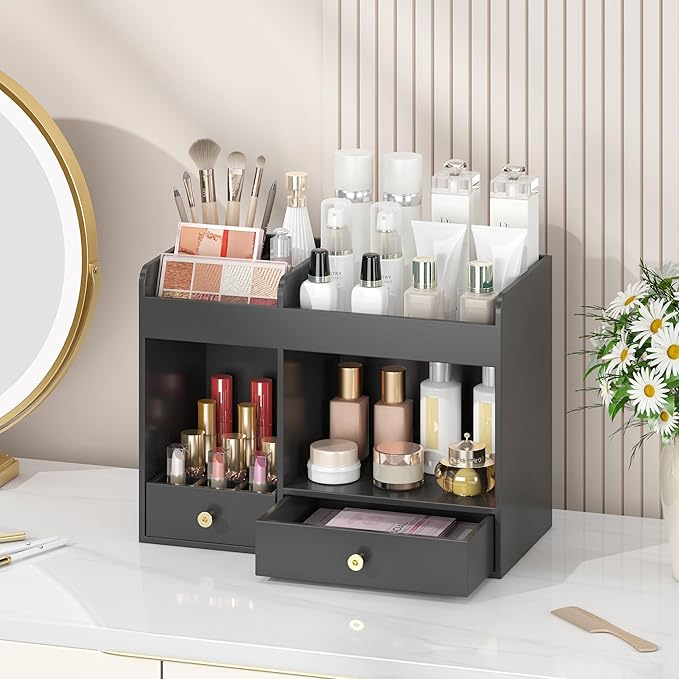 Makeup Organizer with Drawers, Bamboo Countertop Cosmetic Storage for Dresser Vanity Organizer Beauty Desk Skincare Holders Container Make Up Organizing for Lipstick