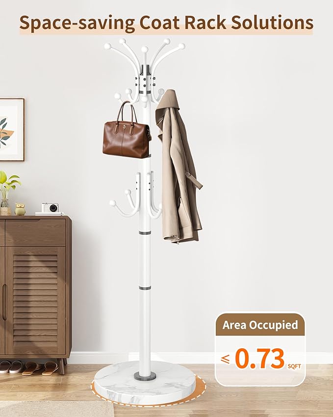 EZIVIEZ Modern Coat Rack Stand, Metal Freestanding Coat Rack with Natural Marble Base, Coat Racks with Umbrella Holder,Coat Hanger Stand with 12 Hooks for Office, Entryway (White-360° Rotary 14 Hooks)