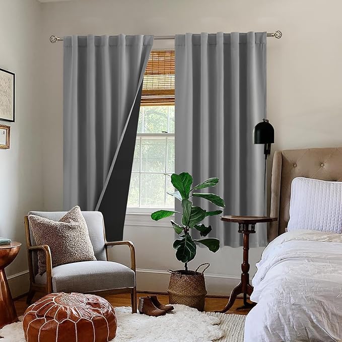 BGment Dove Grey 100% Blackout Curtains 63 Inch Length with Reducing Noise Liner, Rod Pocket and Back Tab Double Layer Full Room Darkening Window Curtain for Bedroom, 2 Panels, Each 42 x 63 Inch