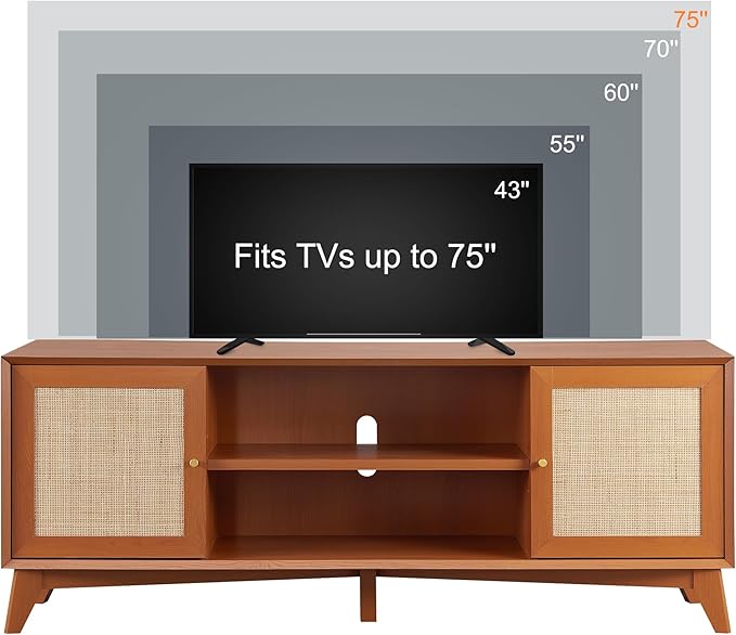 T4TREAM Rattan TV Stand for 75 Inch TV - Mid Century Modern Entertainment Center for Living Room, Large Boho Media TV Console with Storage Shelves, Cherry