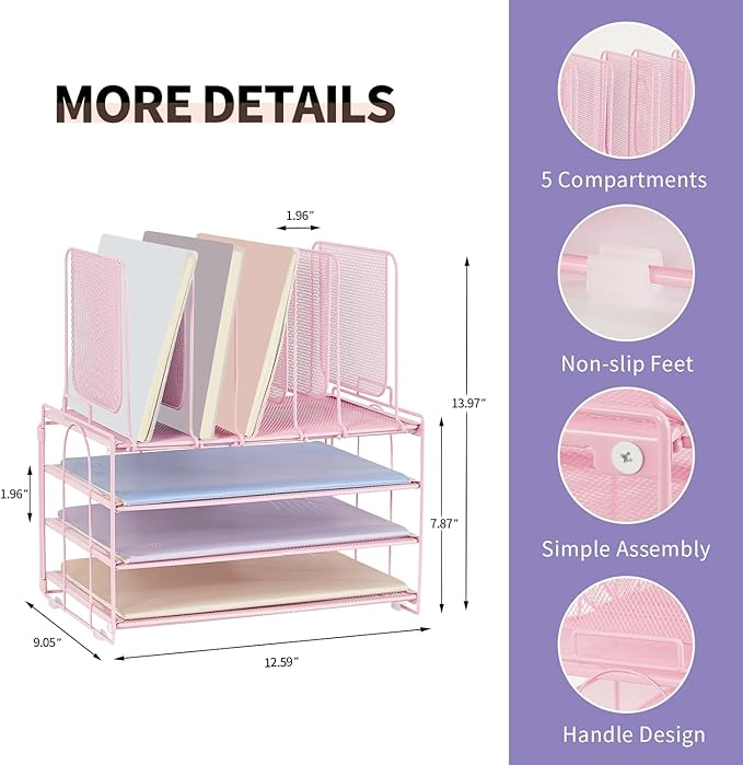 Desk Organizers and Accessories, 3-Tier Paper Organizer with 5 Vertical File Holders, File Organizer for Desk (Pink, 3T)