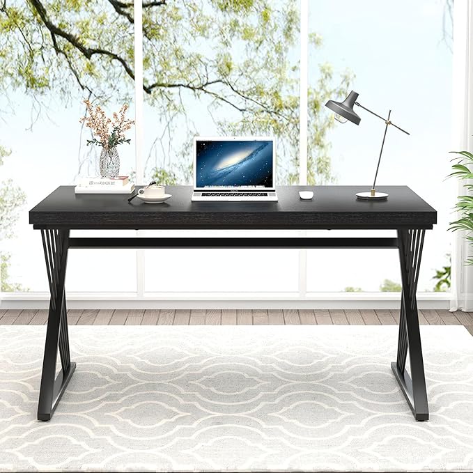 FOLUBAN Black Desk, Modern Wood and Metal Computer Desk for Home Office, Simple Writing Work PC Desks for Bedroom, Industrial Study Gaming Table for Living Room, Black, 53 Inch