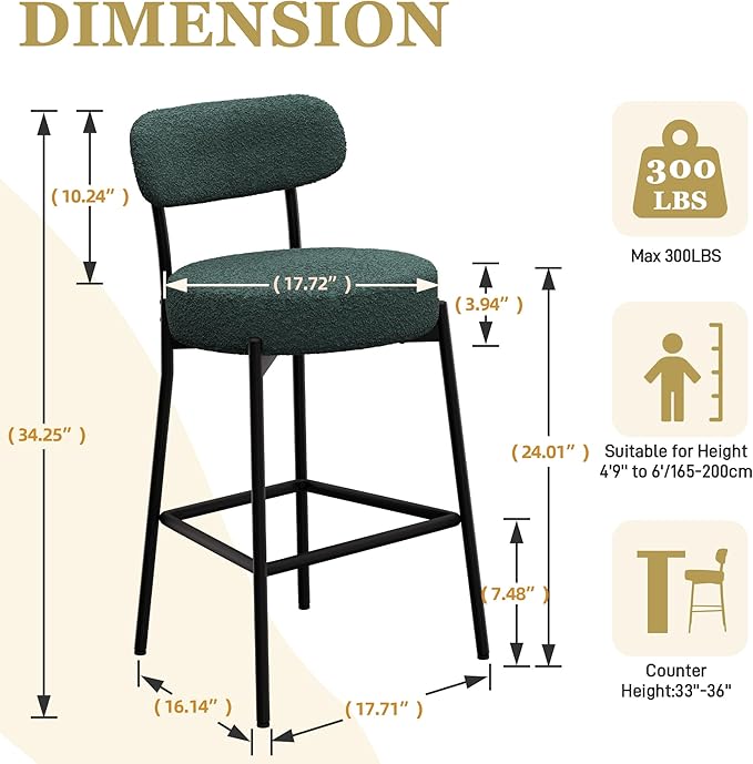 DYHOME Bar Stools Set of 4, 24 Inches Modern Counter Height Bar Stools with Curved Back Metal Legs, Green Upholstered Boucle Barstools for Kitchen Island, Cafe