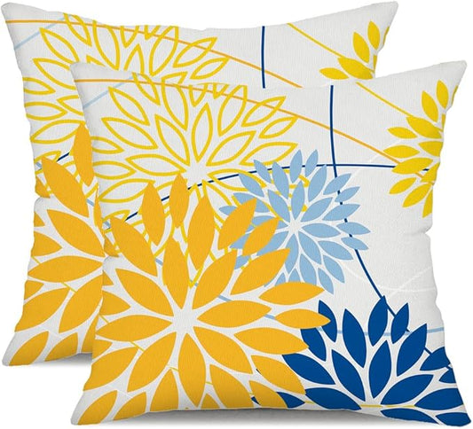 Yellow Blue Outdoor Pillow Cover 16X16 Inch Set of 2 Outdoor Waterproof Summer Floral Yellow Decorative Pillow case Decor for Couch Patio Funiture Garden Print Polyester Cushion Cover 01J16