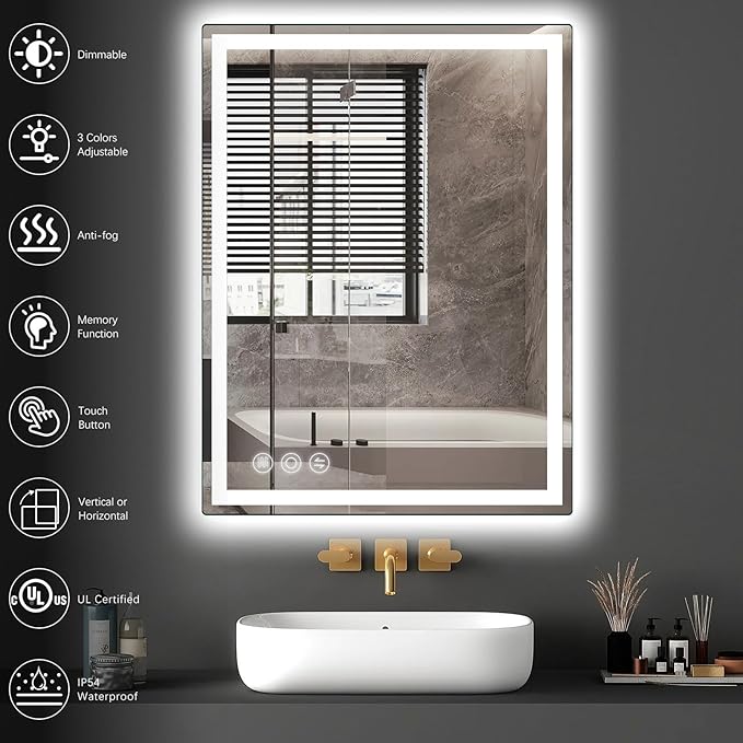 LED Bathroom Mirror 24"x 40" with Frontlit and Backlit, Anti-Fog, Stepless 3 Colors Temperature & Dimmable, Memory Tempered Glass