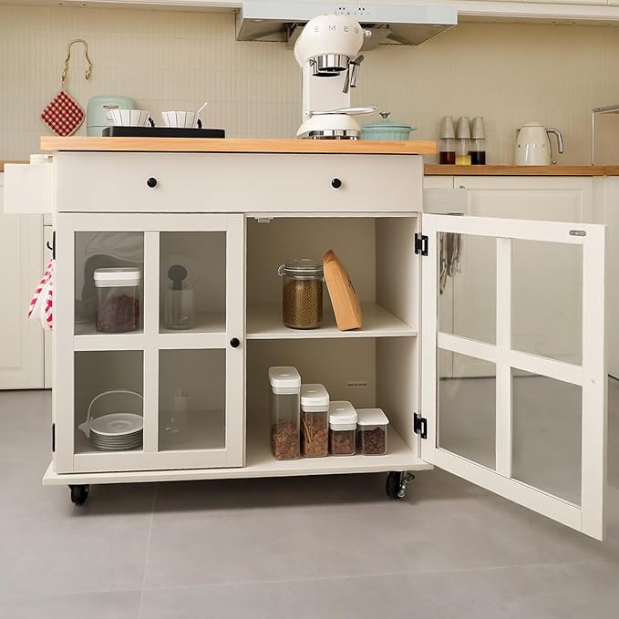 Rolling Kitchen Island with Storage on Wheels, 37.4" Island Table for Kitchen, with 2 Drawers, Adjustable Shelves, Towel & Spice Racks, Solid Pine Top - Warm Beige