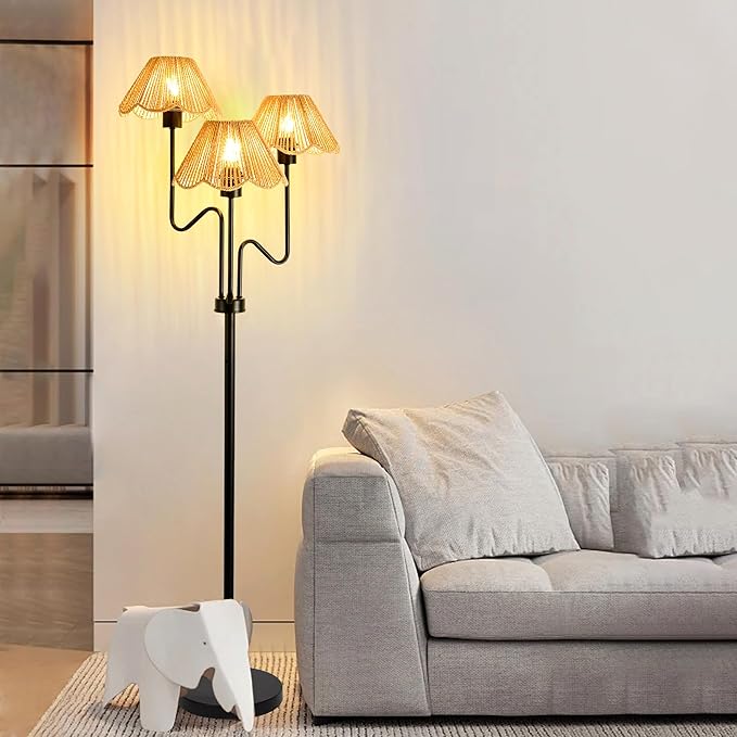 Rattan Floor Lamp for Living Room Bedroom,3-Light Floor Lamp with Remote Control,Boho Flower Lamp Black Tree Standing Lamp with 3 Color Temperature Tall Floor Lamps for Bedroom Corner