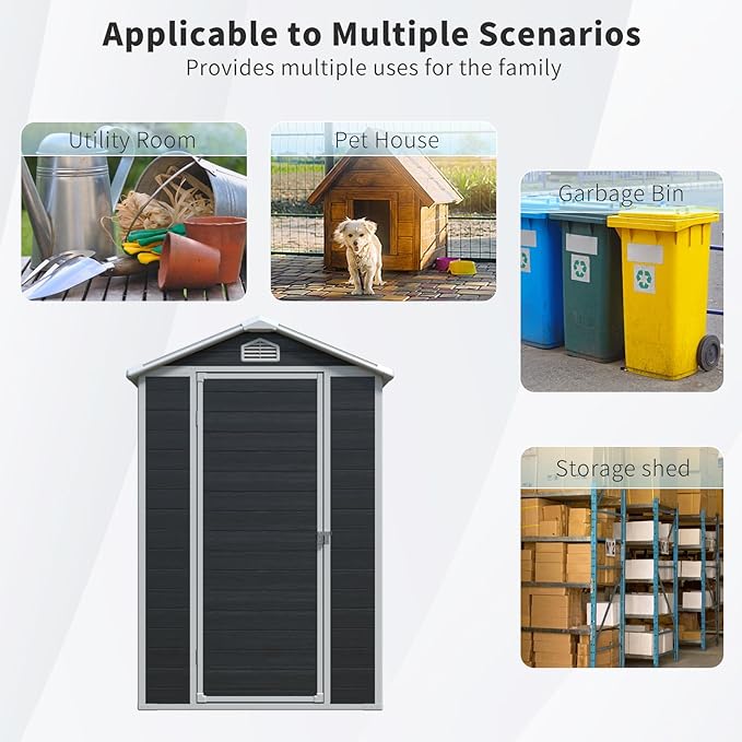 4x6 FT Outdoor Storage Shed, Resin Garden Shed with Thick Floor, Plastic Storage Shed with Window, Waterproof Outside Tool Shed with Lockable Hinged Door for Backyard, Patio, Lawn, Black