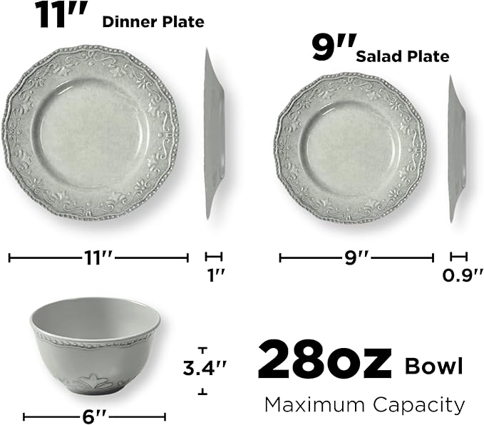 TP 18-Piece Dinnerware Set, Melamine Dishes Set with Bowls and Plates, Service for 6, Non-breakable Lightweight Dining Tableware, Grey