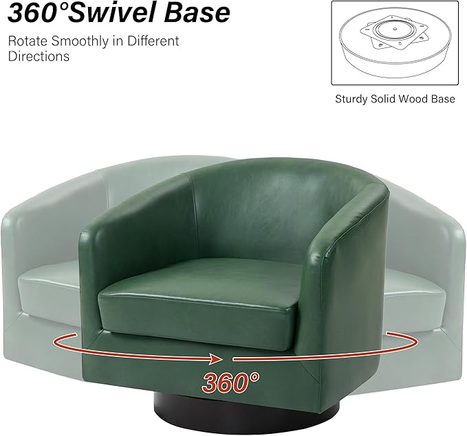 Swivel Barrel Chair, Modern Round PU Leather Accent Armchair for Living Room, Bedroom, Oversized Comfy Club Reading Chairs for Adults (Leather Green, Set of 1)