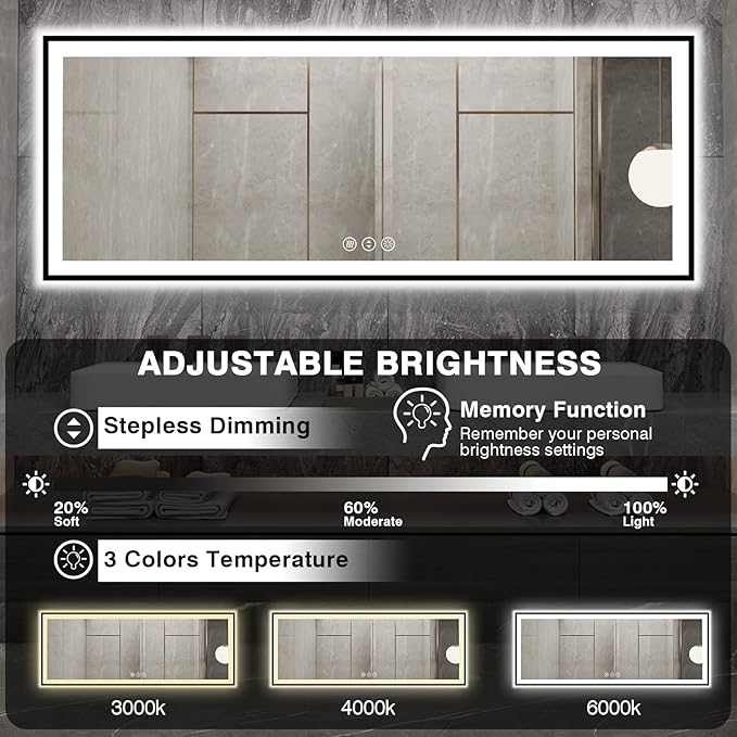 84x32 Large LED Bathroom Mirror - Black Aluminum Framed (Front and Backlit), Anti-Fog Lighted Mirror for Wall,Stepless Dimmable Vanity Mirror,3 Colors Smart Mirror(Horizontal/Vertical)