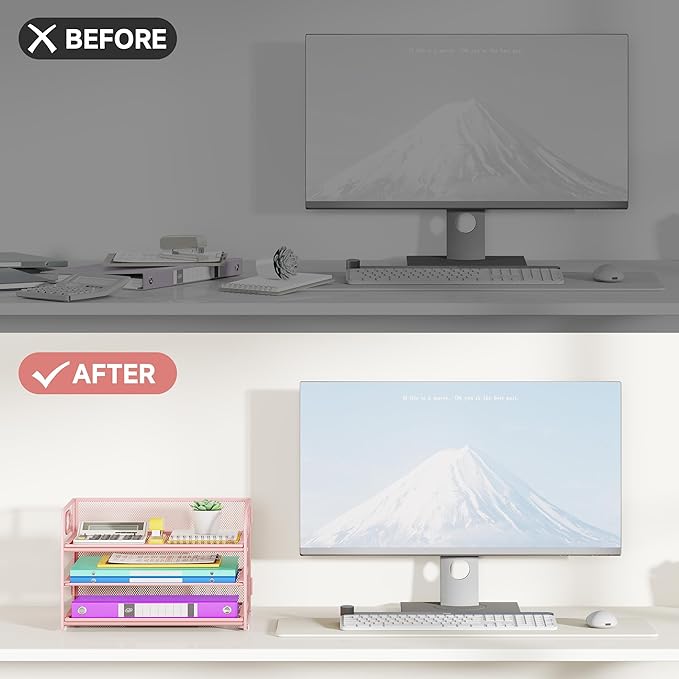 3 Tier Paper Organizer with Handle, Metal Desk Organizer Mesh Paper Letter Tray Desktop File Folder Document Sorter for Classroom, School, Office Accessories Organization and Storage - Pink