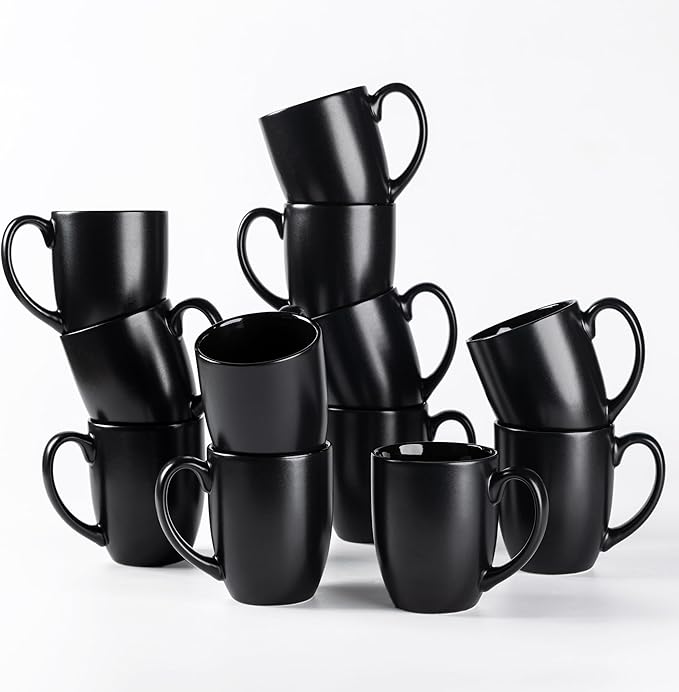 AmorArc 12 OZ Coffee Mugs, Matte Black Coffee Cups with Large Handle for Man, Woman, Ceramic Coffee Mugs Set of 12 for Latte/Cappuccino/Cocoa/Milk, Dishwasher & Microwave Safe