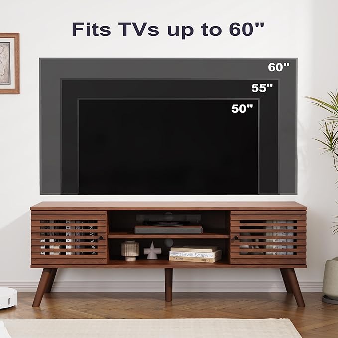 53" Mid Century Modern TV Stand for 50/55/60 inch TV, TV Media Console with Slatted Doors for TVs up to 60", Entertainment Center with Storage for Living Room, Bedroom, Walnut