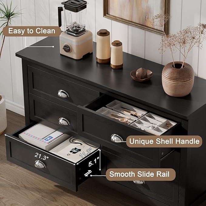 Black Dresser for Bedroom, Farmhouse 6 Drawer Double Dresser with Vintage Antique Handles, Modern Dressers and Chest of Drawers for Bedroom