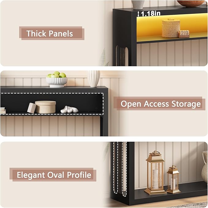 FAVOOSTY 47.2" Farmhouse Console Table with Storage, Entryway Console Table with Led Light, 2-Tier Entryway Table Sofa Table Behind Couch Table Hallway Stand for Living Room,Foyer,Entrance Black