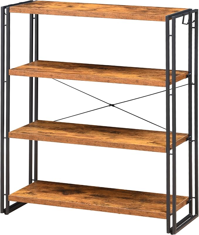 HCHQHS Bookshelf, 4-Tier Industrial Bookcase, Rustic Open Book Shelf, Freestanding Tall Bookshelves with Metal Frame