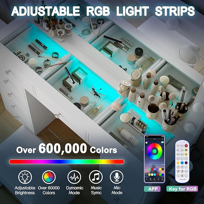 Vanity Desk with Mirror and Lights, Makeup Vanity Desk with Lights 3 Colors, LED Reinforced Glass Vanity, Makeup Vanity with 11 Storage Drawer, Dressing Table for Bedroom Dressing Room (White)