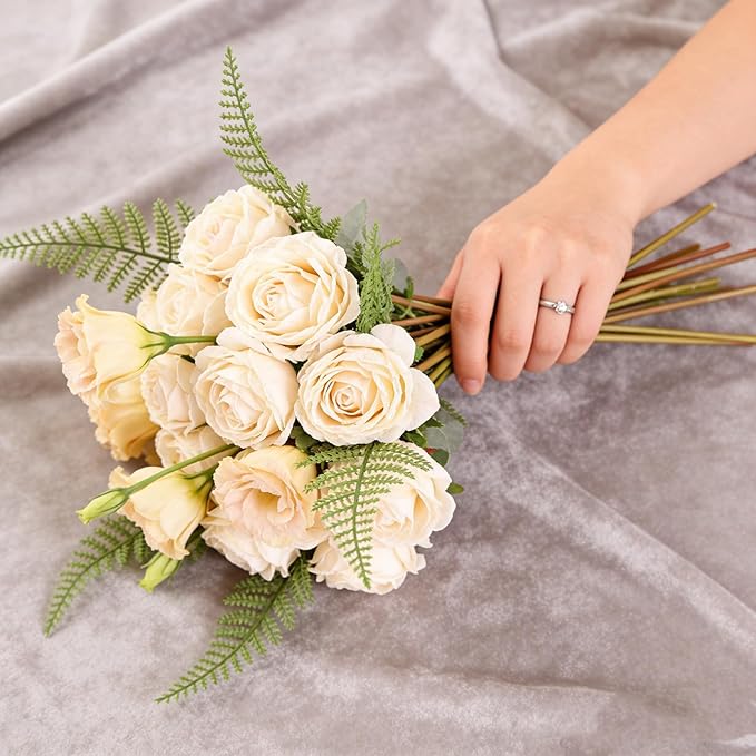 Kimura's Cabin 12pcs Lifelike Faux White Roses Artificial Plastic Silk Rose Long Stem Fake Roses Bouquet for Valentines Day Home Centerpiece Wedding Party DIY Decoration (White)