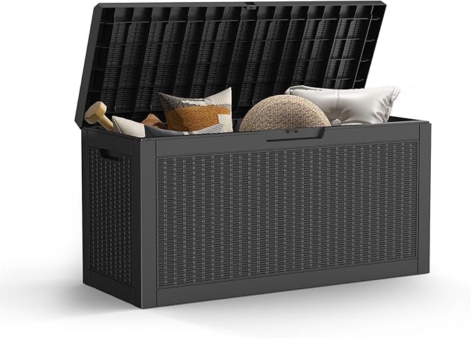 Mars Villa 60 Gallon Outdoor Storage Bench, Deck Box Waterproof Outside Resin Storage Bin for Outdoor Patio Furniture Cushions, Pool Supplies, Garden Tools, UV-Resistant and Weatherproof, Rattan Black