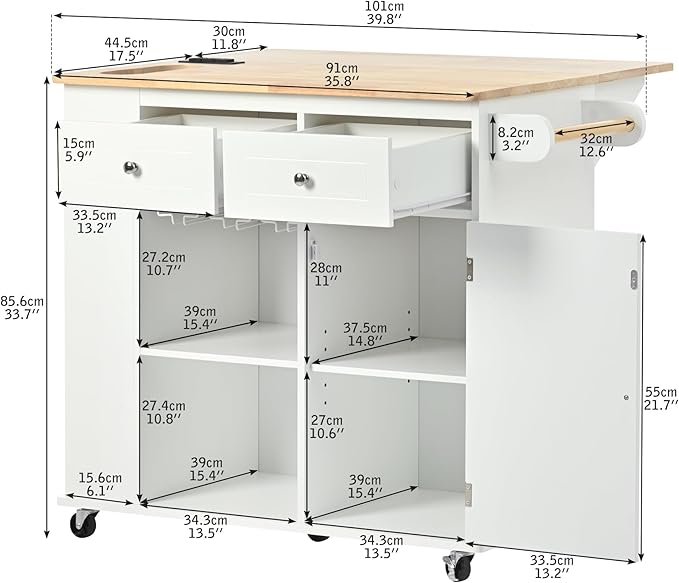 Rolling Mobile Kitchen Island Cart Cabinet with Door, 2 Drawers, Open Storage Shelves and Wine Rack for Dining Room