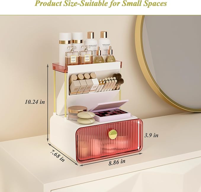 FOLLOWIN Bathroom Organizers and Storage with Drawer,Vanity Storage Organizer with Makeup Brushes Holder, Perfume Lotion Cosmetic Organizer,Blush Pink