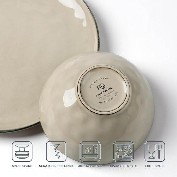 Famiware Dinnerware Sets for 6, Ocean Round 18-Piece Kitchen Plates and Bowls Sets, Microwave and Dishwasher Safe, Scratch Resistant, Light khaki