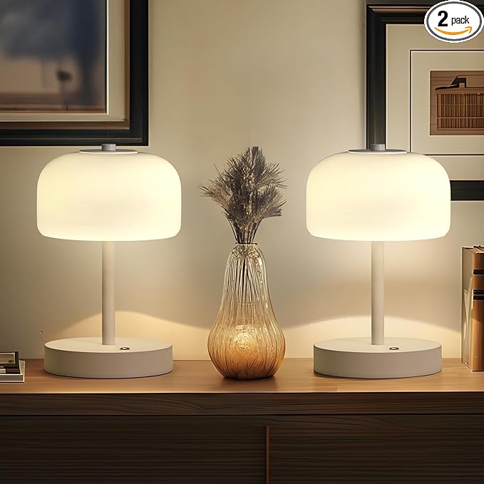 PORTRES Cordless Table Lamp Rechargeable Battery Operated Mushroom lamp Opal Glass Shade 3 Way Dimmable LED Touch Outdoor Lamp for Camping Bedroom Dining Living Room Beside Patio Restaurant,White