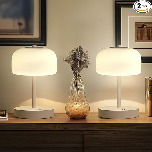 PORTRES Cordless Table Lamp Rechargeable Battery Operated Mushroom lamp Opal Glass Shade 3 Way Dimmable LED Touch Outdoor Lamp for Camping Bedroom Dining Living Room Beside Patio Restaurant,White