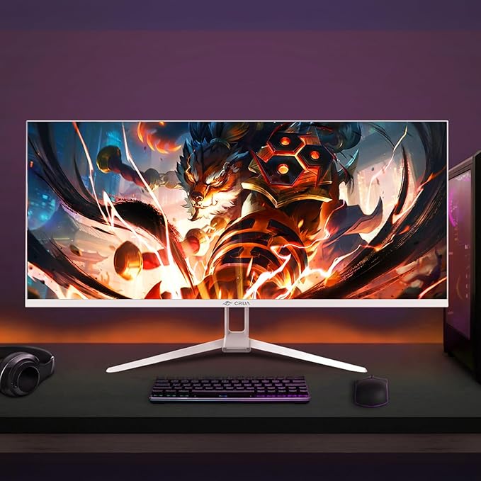 CRUA 34'' White Gaming Monitor, 165HZ/144HZ, WQHD(3440x1440P) IPS UltraWide Screen Computer Monitors with Built-in Speakers, Supports FreeSync, 120% sRGB, HDMI 2.0 & DP 1.4, Wall Mountable Installs