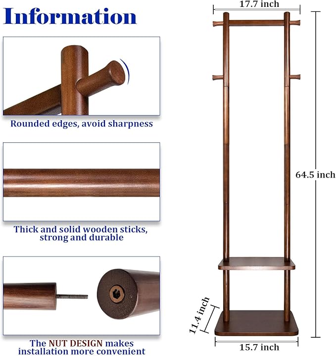 Coat Rack,Wooden Coat Rack Freestanding,Standing Coat Racks Tree Clothes Hanger Stand with Stury Base for Entryway, Livingroom, Bedroom,Easy to Assemble(Brown)