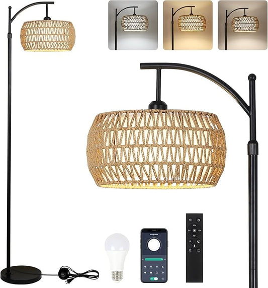 Arc Floor Lamp with Remote Control, Dimmable LED Floor Lamp with 3 Color Temperature, Black Standing Lamp with Rattan & Fabric Double Drum Shade, Boho Farmhouse Tall Pole Lamp for Living Room Bedroom
