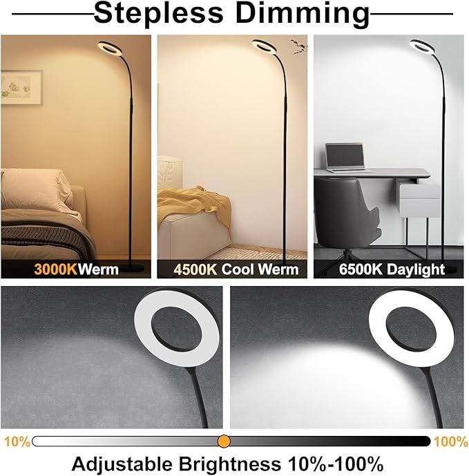 Floor Lamp, LED Reading Light, Bright Modern Tall Lamps, 3 Color Temperatures & Adjustable Brightness Gooseneck Standing Lamp with Remote & Touch Control for Living Room, Bedroom, Office