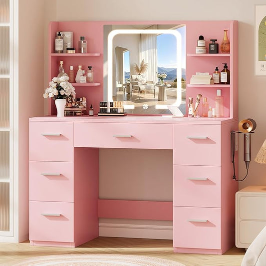 Large Makeup Vanity Desk, 43.3“W x 15.7”D x 53.2“H, Pink (Large Desktop, Samrt LED Mirror, 4 Open Shelves, 7 Drawers, Hairdryer Rack, Power-Outlet)