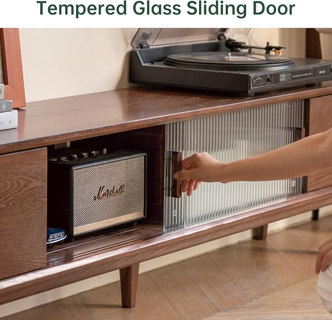 70.87" L Solid Oak Wood TV Stand for 70-85 Inch TVs, Glass Sliding Door TV Console with 3 Drawers and 2 Storage Cabinets, Entertainment Center with Storage TV Stands for Living Room (Walnut Color)