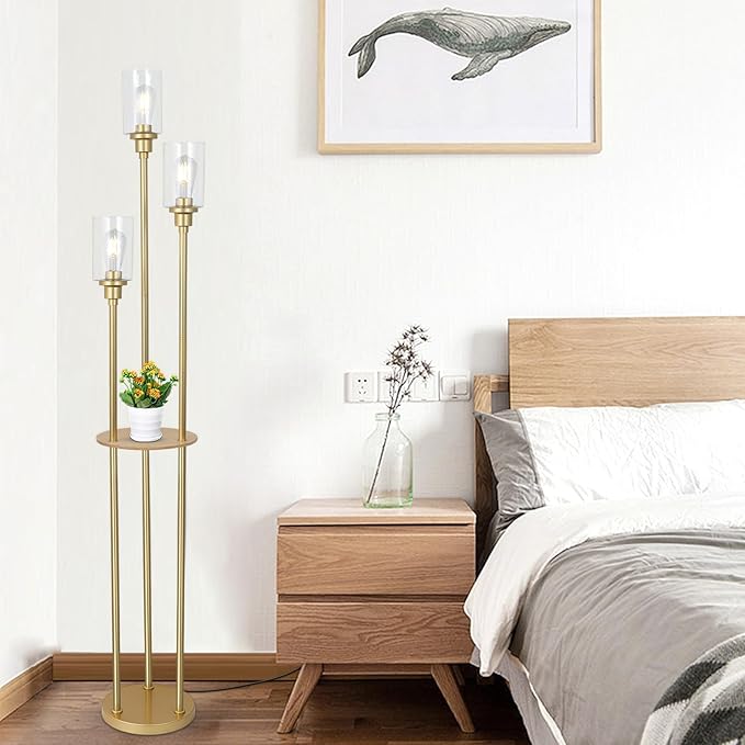 HMVPL Floor Lamps for Living Room, Gold Floor Lamp with Shelves, 3-Lights Modern Brass Standing Lamp with Glass Shades, On/Off Foot Switch, Mid Century Tall Lamp for Bedroom Corner Office(66")