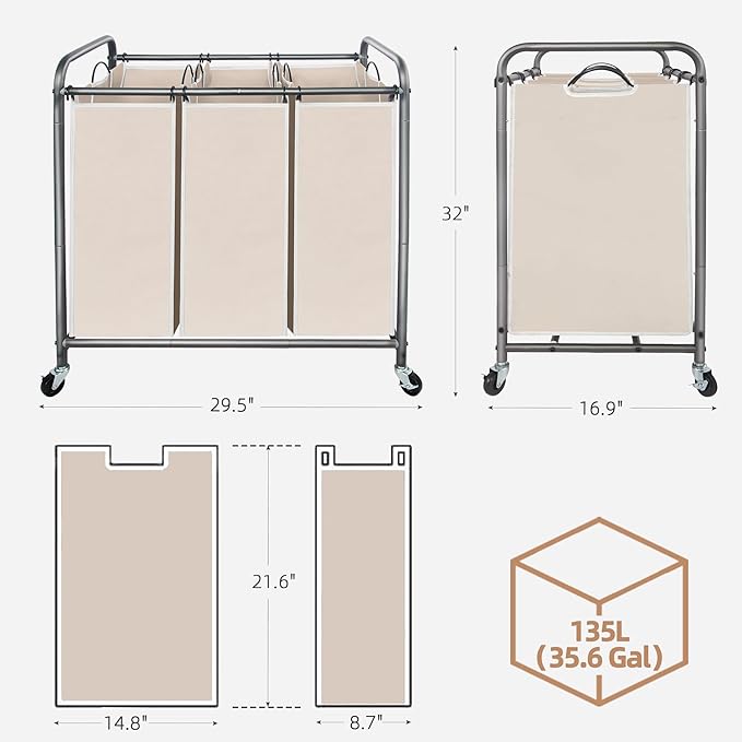 STORAGE MANIAC 3 Section Laundry Sorter, 35.9 Gal (136 L) Laundry Hamper Cart with Heavy Duty Rolling Lockable Wheels and Removable Bags, Clothes Organizer Basket Clothes Separator Hamper, Beige