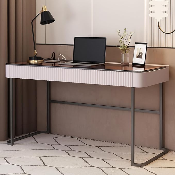 Lartis Home Office Desk Computer Desk Pale Pink Writing Desk - Makeup Vanity no Mirror Intelligent Socket with USB Port Compartmentalized Storage