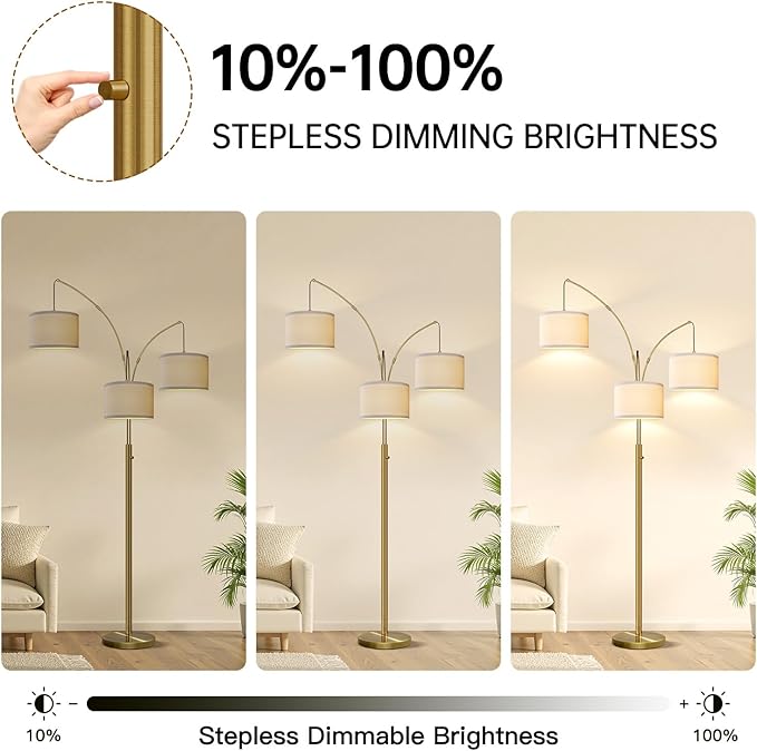 Dimmable Floor Lamp - 3 Lights Brass Floor Lamps for Living Room Linen White Shades & Heavy Base, Mid Century Tree Floor Lamp for Bedroom Office, 3 LED Bulbs Included