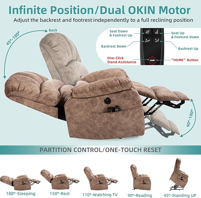 MEETWARM Large Dual Motor Power Lift Chair with Extended Footrest for Big Tall Elderly, Infinite Position Lay Flat Lift Electric Recliner, Heat Massage, Lumbar Pillow, USB & Type-C Ports, Plush Brown