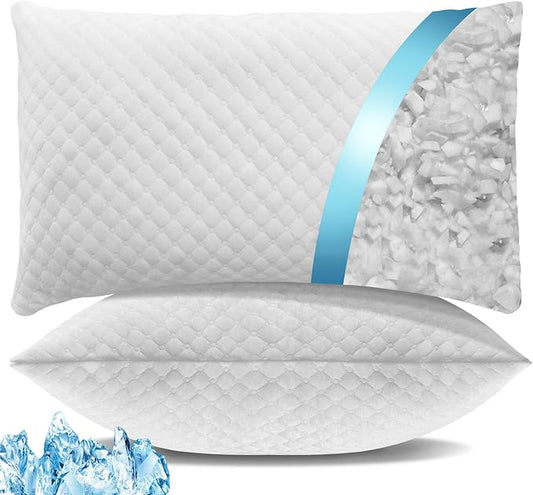 Shredded Memory Foam Pillows, Cooling Bed Pillows Queen Size Set of 2 for Sleeping, Adjustable Firm Pillows for Side Back and Stomach Sleepers, Washable Removable Cover