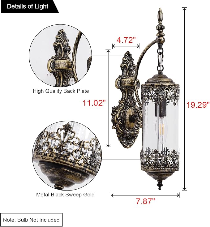 Rustic Glass Wall Sconce Mini Vintage Antique Gothic Wall Light Fixture Retro Farmhouse Mid Centry Lantern Wall Sconce for Bedroom, Hallway, Living Room, Mirror, Brush Gold, E12