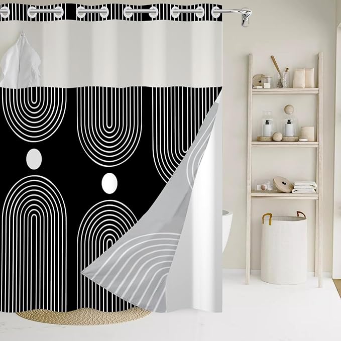 No Hook Shower Curtain with Snap in Liner, Black and White Mid Century Modern Arch Heavy Duty See Through Window Waterproof Machine Washable Bathroom Curtain 71" W x 74" L (Pack of 1)