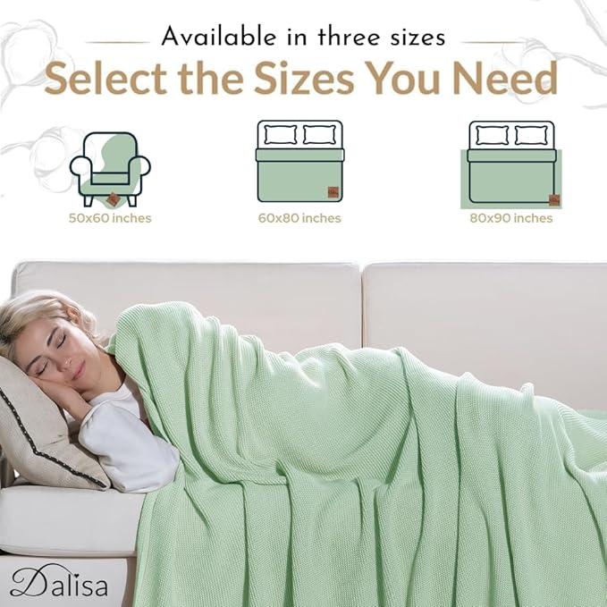 Dalisa 100% Organic Turkish Cotton Throw Blanket - GOTS Certified, Cozy - Perfect for Couch, Bed, and Home Decor - Boho Vintage Knit Alina (Sage, 60x80)