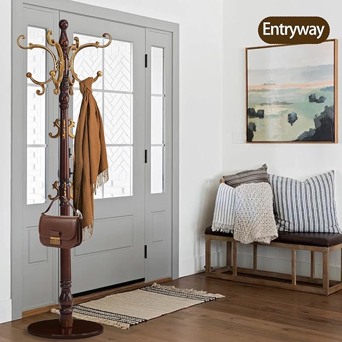 Coat Rack Freestanding, Wooden Coat Tree with Stable Round Base, Vintage Heavy Duty Coat Rack Stand with 14 Hooks, Coat Hanger Stand for Bedroom, Office, Entryway (Vintage)